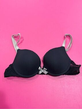 huit Push Up Bra Size 32B Vintage French Lingerie Bow Black Grey Padded Plunge